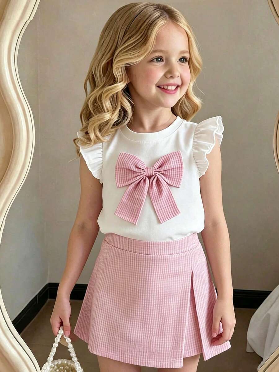 SHEIN 4-7Y Girls Sweet Bow Decor Beaded Flutter Sleeve Round Neck Top & Elastic Waist Pink Beaded Decor Split Shorts 2 Pieces Set, Suitable For Daily Wear, Parties And Other Occasions - Pink - View 1