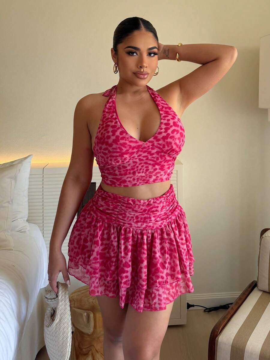 Maria Perezxox Women's Pink Leopard Print Halter V-Neck Bodysuit & Layered Ruffle Hem Mini Skirt Set,Summer Y2k Holiday Vacation Holiday Resort Style Beach Elegant - Multicolor - View 1