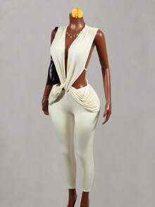 Mistrie Women's Solid Color Deep V-Neck Twist Design Cutout Sleeveless Sexy Jumpsuit Party Club Beige Summer - Apricot - View 8