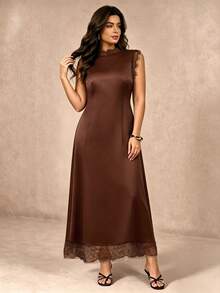 Juhart Lace Patchwork Acetate Satin Waist-Cinching Long Sleeveless Dress - Coffee Brown - View 4