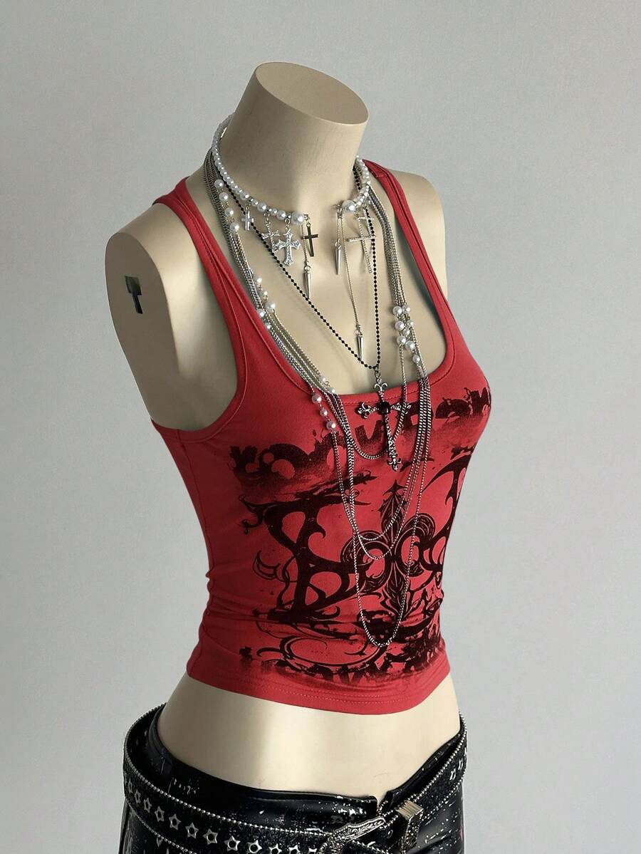 SHEIN Unity 女款街頭次文化字母龐克印花背心 - 紅色 - 查看 1