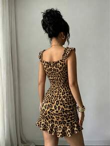 BamGleam Women's Leopard Print Front Tie Fashion Pleated Ruffle Dress - Brown - View 2