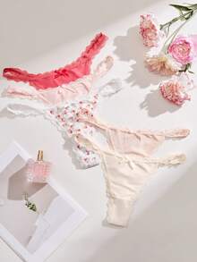 SHEIN 5pcs/Set Lace Trim Low Waist Women's Thong Panties - Multicolor - View 1