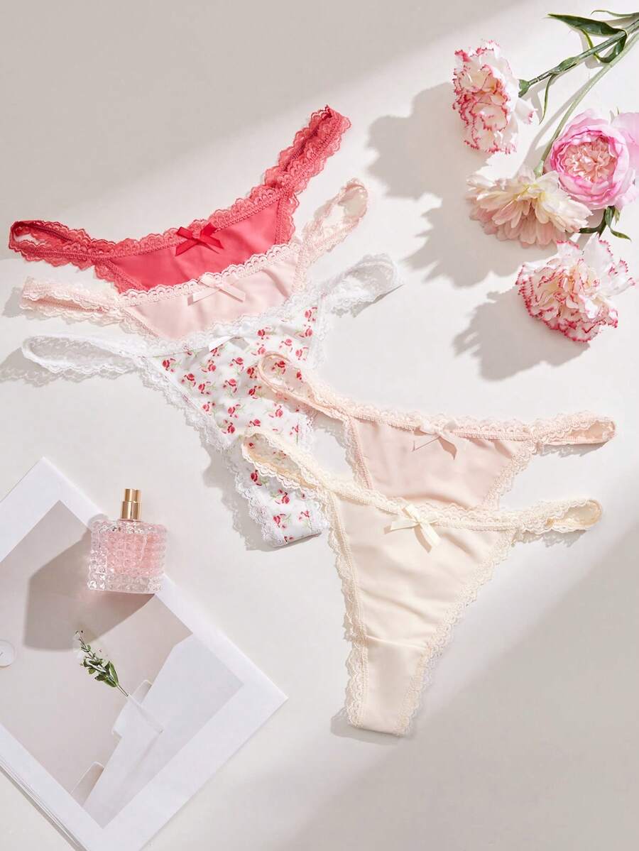 SHEIN 5pcs/Set Lace Trim Low Waist Women's Thong Panties - Multicolor - View 1