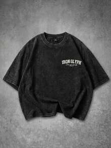 IRON GLYPH Men's Shoulder Sleeve Washed Letter Print T-Shirt - Black - View 2