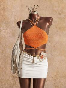 SHEIN LUNE Crisscross Tie Back Halter Knit Top - Orange - View 2