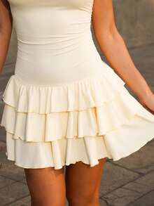Sandy Gomes Vestido mini sin mangas amarillo con volantes en capas, elegante y lindo - Amarillo - Ver 6