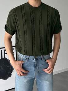 DAZY Camiseta de punto de manga corta unicolor verde militar acanalado para hombre - Verde militar - Ver 3