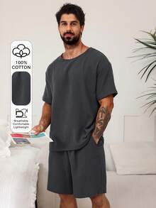 DAZY Conjunto de pijama de verano gris sólido para hombres, ropa de vuelta al colegio - Gris Oscuro - Ver 1
