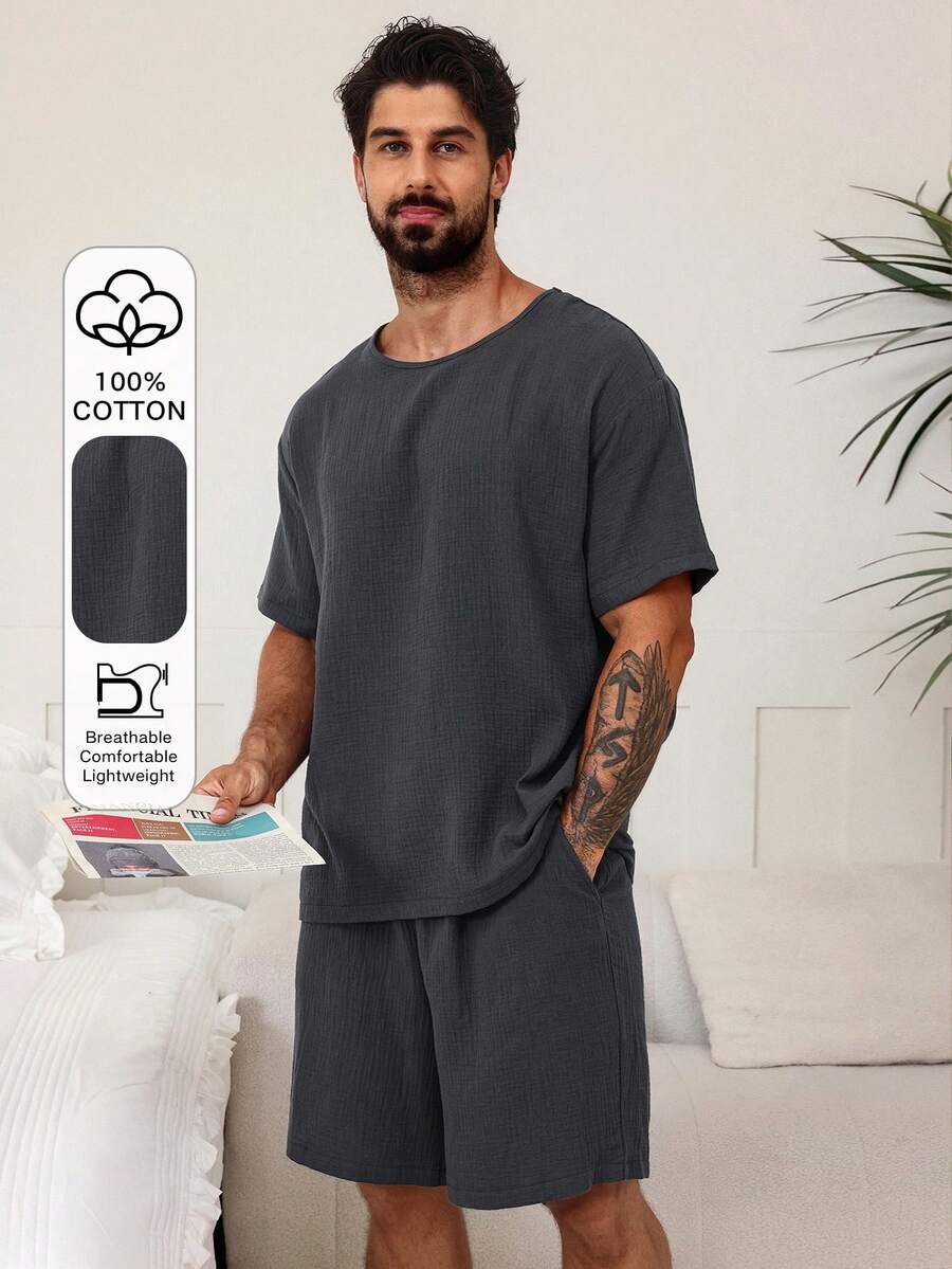 DAZY Conjunto de pijama de verano gris sólido para hombres, ropa de vuelta al colegio - Gris Oscuro - Ver 1