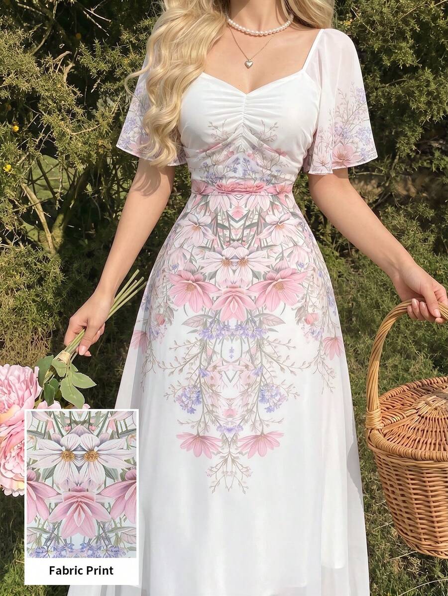 Modelyn 女款雪紡拼接印花蝙蝠袖短袖抓皺夏季甜美優雅洋裝 白色花卉 婚禮度假適用