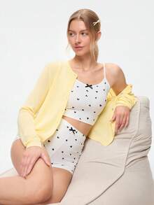 Bonmuse Heart Print Bow Front Cami Top & Shorts PJ Set / Pajama Setfor Summer - Multicolor - View 9