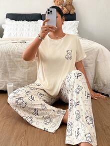 Napfluff CURVE Napfluff CURVE Set Piyama Kasual Ukuran Besar dengan Motif Beruang Kartun, Kerah Bulat, Lengan Pendek, dan Celana Panjang, Bahan Rajut, dan Celana Panjang. - Aprikot - View 1