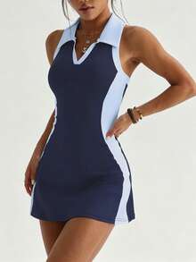 CourtClass CourtClass 女款春夏運動高爾夫連身裙，對比色 Polo 領，側面對比拼接，露背設計，修身版型，附可拆卸短褲與口袋，適合休閒穿著、跑步、瑜珈、健身、網球、高爾夫 - 彩色 - 查看 5