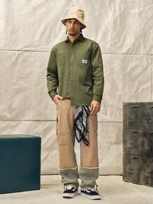 Men's Casual Cotton Shirt, Solid Color, Comfortable, Multi-Pocket, Retro Style, Suitable For Daily Wear, Spring/Autumn, Fall, Long Sleeve Top Couple Unisex - Army Green - View 12