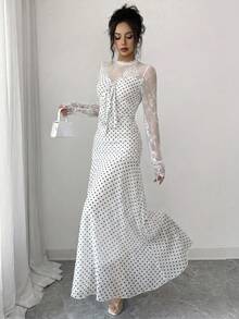 Modelyn French Design Lace Patchwork Bowknot Women's Long Dress - White - View 4