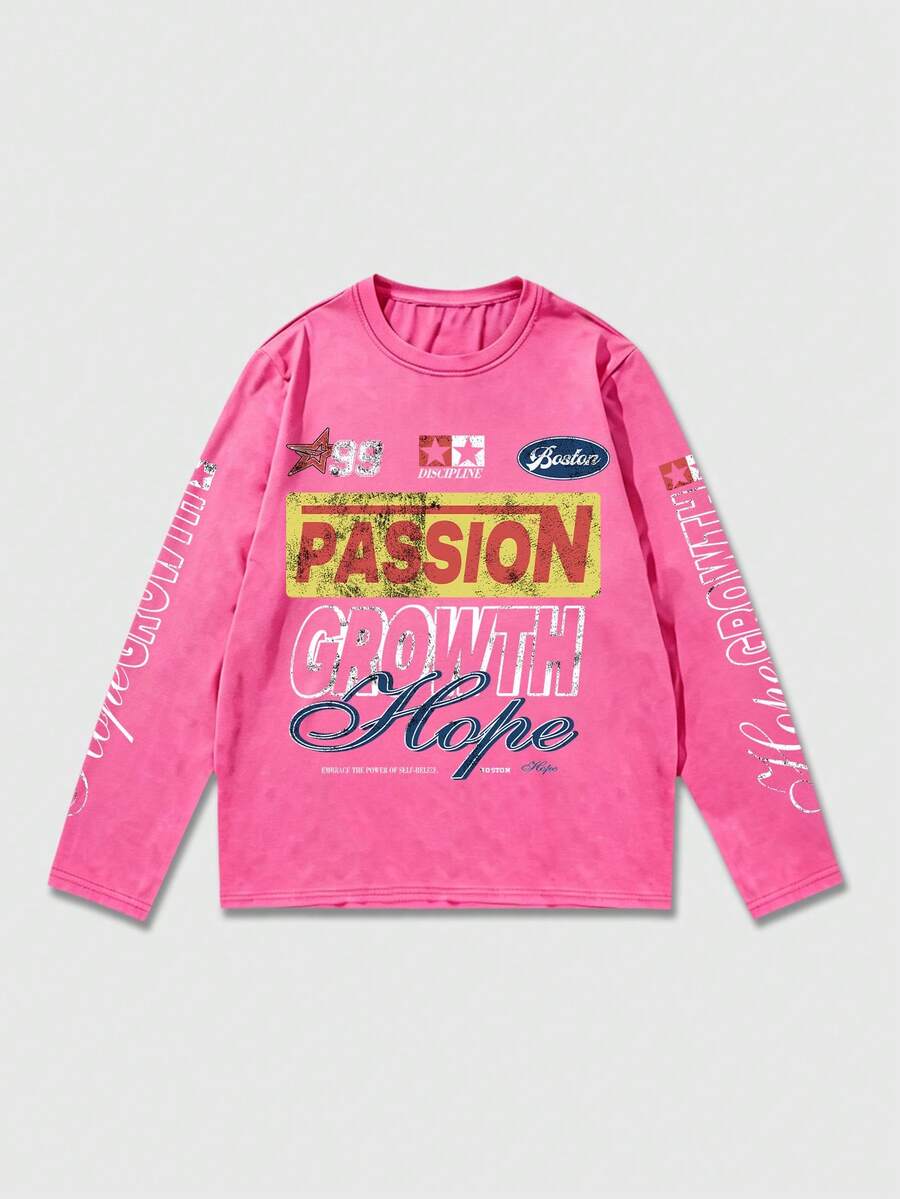 ROMWE MEN Street Life Men's Letter & Number Print Long Sleeve Shirt, Suitable For Daily Wear, Spring/Summer - Hot Pink - View 1