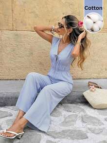 SHEIN Frenchy Women's Blue And White Stripe Vacation Versatile Tie-Waist Loose Jumpsuit Summer Tropical Casual - Blue and White - View 5