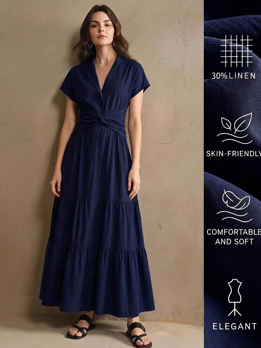 Anewsta Essential 春夏新款優雅時尚度假出遊約會抽褶腰傘擺洋裝