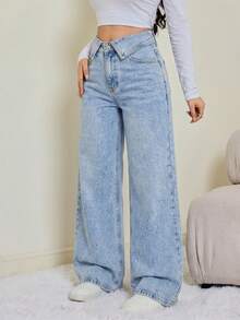 SHEIN Tall 女款折腰寬腿寬鬆休閒牛仔褲 - 淺色水洗藍 - 查看 6