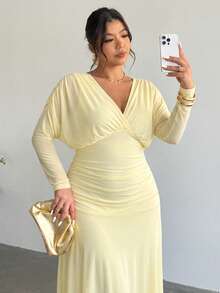 Firerie Plus Size Autumn/Winter Comfortable Casual Elegant Vacation Textured Fabric Ruched Long Sleeve V-Neck Elastic Waist Flared Hem Women's Long Dress Fall - Yellow - View 4