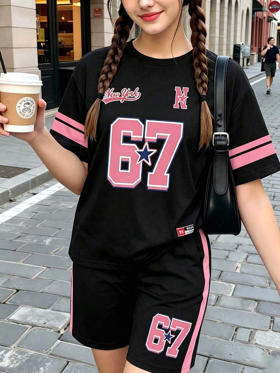 SHEIN Sparklyn 少女数码印花67号短袖紧身裤套装,黑粉色,夏季牛仔休闲舒适时尚日常户外穿搭 - 彩色 - 查看 1