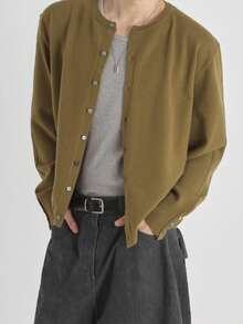DAZY Solid Color Collarless Open Front Round Neck Minimalist Fit Olive Green Ribbed Hem Cuffed Commuter Men's Cardigan Fall - Olive Green - View 1