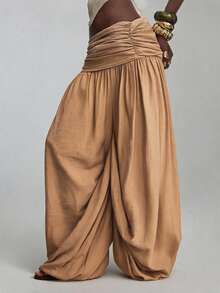 ROMWE Y2K Early Autumn Caramel Color Oversized Waist Cinched Ruched Women's Long Pants - Khaki - View 2