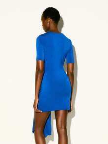 KSTM Short Sleeve Mini Dress With Front Knot Detail And Asymmetric Draped Hem For Summer Brunch Royal Blue Minimalist Elegant - Blue - View 2