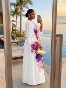 SHEIN Lady CURVE 大尺碼優雅花卉印花度假洋裝，適合度假、婚禮、婚禮賓客，白色花卉，秋季款 - 紫色 - 查看 2