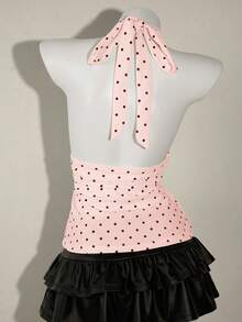 SHEIN ICON 女款夏季性感波點印花露背掛脖上衣 - 淺粉色 - 查看 2
