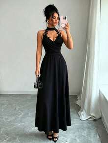 Celisse Women's Applique Decor Backless Halter Long Dress - Black - View 1