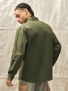 Men's Casual Cotton Shirt, Solid Color, Comfortable, Multi-Pocket, Retro Style, Suitable For Daily Wear, Spring/Autumn, Fall, Long Sleeve Top Couple Unisex - Army Green - View 3