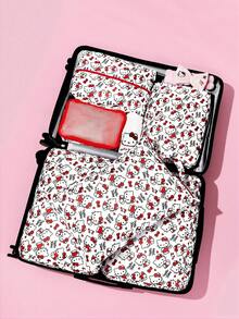 HELLO KITTY AND FRIENDS | SHEIN 卡通網格拉鍊收納5件組，單件或套裝，含衣物收納袋、鞋袋與洗衣袋，透氣網布讓旅行行李井然有序 - 白色和紅色 - 查看 2