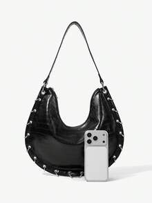 Viva Strut Ladies Bag Y2K Punk Hottie Style, Sweet Cool Girl, Metal Ring Decoration, Shoulder Bag Crescent Bag, Fashionable Street Style, Suitable For Shopping. - Black - View 3