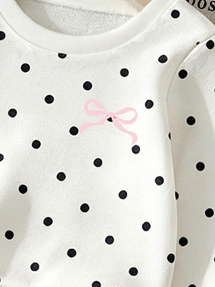 SHEIN Setelan Sweatshirt dan Celana Jogging Kasual Leher Bulat Motif Polkadot dan Pita untuk Anak Perempuan - MultiWarna - View 7