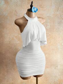 Mistrie Y2K Halter Neck Ruched Bodycon Mini Dress - Draped Backless Form Fitting Party DressBaddie Vibe Draped Halter Neck Ruched Mini Dress - Backless Bodyc - White - View 8
