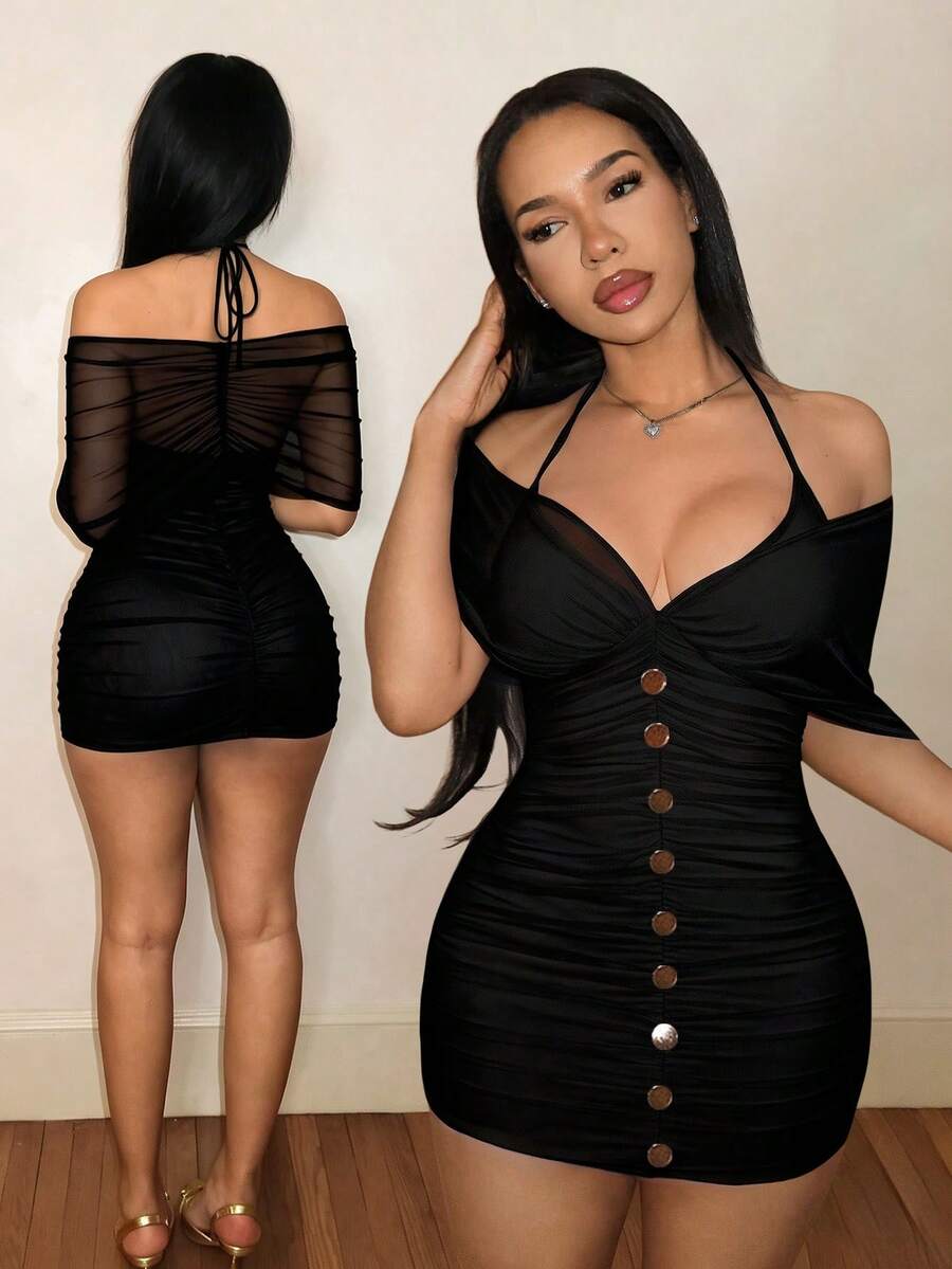 BamGleam 杏色女款露肩掛脖連身裙,辣妹風,網紗抓皺收腰,顯瘦,單排扣,性感貼身迷你洋裝 - 黑色 - 查看 1