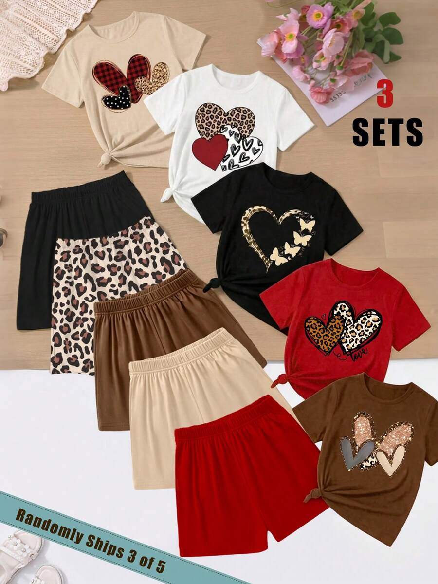 SHEIN Sparklyn (3 Random Item From 5) Summer Girl's Big Boy Grid Ripple Dot Leopard Pattern Love Pattern Printed Basic Short T+Shorts Set Six Piece Set - Multicolor - View 1