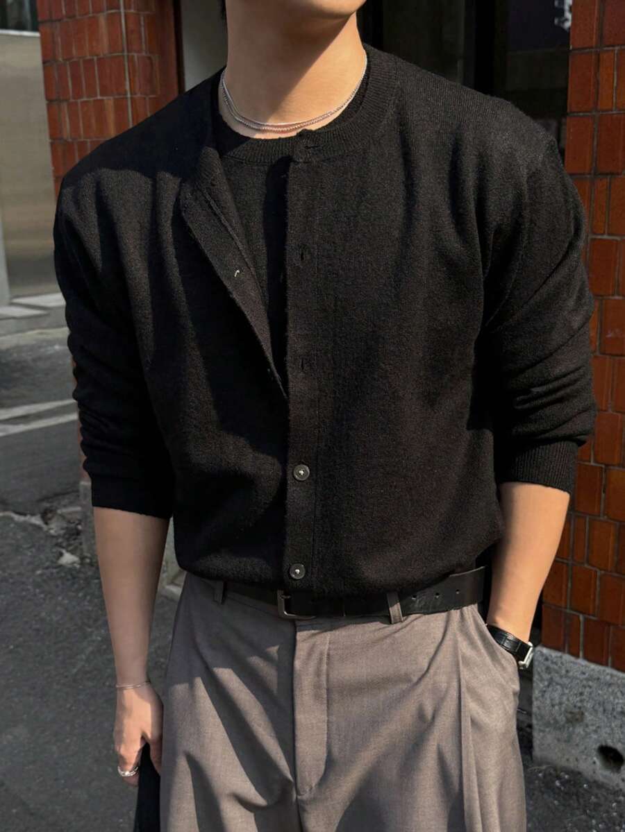 DAZY Black Long Sleeve Solid Color Round Neck Commuter Men's Cardigan - Black - View 1