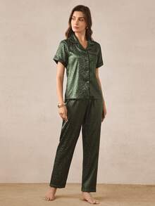 Hourtrue Short Sleeve & Long Pants Jacquard Leopard Print Premium Loungewear Set - Green - View 6