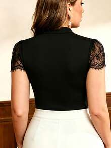 Auvina Women's Plus Size Lace Patchwork Casual Versatile Daily Wear Top - Black - View 2