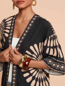 Travachic Women's Floral Print Drop Shoulder Long Sleeve Kimono Cover Up - Black - View 4