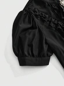 ROMWE Dark Gothic Court Style Lace Trim Stand Collar Petal Sleeve Slim Fit Blouse - Black - View 10