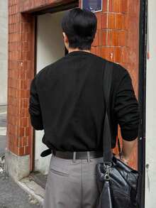 DAZY Black Long Sleeve Solid Color Round Neck Commuter Men's Cardigan - Black - View 2