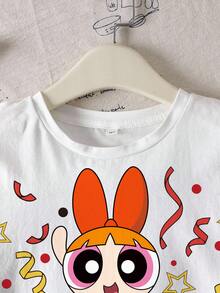 THE POWERPUFF GIRLS X SHEIN 青少年女孩字母卡通印花休閒百搭日常短袖T恤 - 白色 - 查看 3