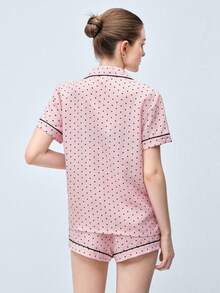Softvol 2pcs Comfortable Mini Dot Print Pajama Set, Short Sleeve Collared Top With Pocket And Bow Shorts, Women Sleepwear Homewear For All Seasons - Pink - View 2