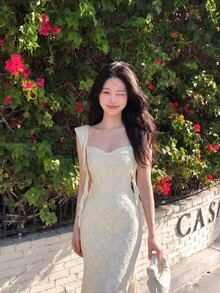SHEIN MOD Party Dress With Swollen Collar And Fungus Streamers Decorated Apricot Tight Long Summer Mid-Length Prom Date Elegant Flowing - Apricot - View 3