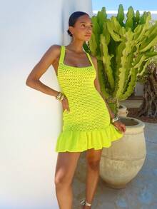 Dancing Leopard Yellow Knit Square Neck Peplum Mini Dress, Knit Dress Women, Holiday Dress, Date Night Dress, Smart Casual Outfit, Layering Piece Women, Cosy Outfits - Yellow - View 1