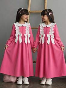 Vestido dulce con decoración de lazo y patchwork de encaje para niña preadolescente - Rosa - Ver 3